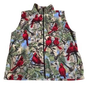 PFI Fashions Womens Cardinal Bird Tree Print Fleece Vest Zip Up Mock Neck M